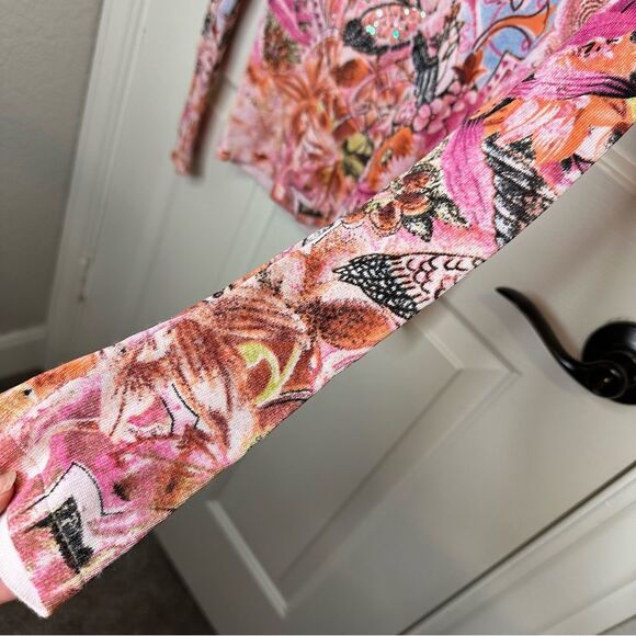 Y2K Just Woman Pink Multicolor Bird Floral Printed Beaded Long Sleeve Blouse - Picture 6 of 8